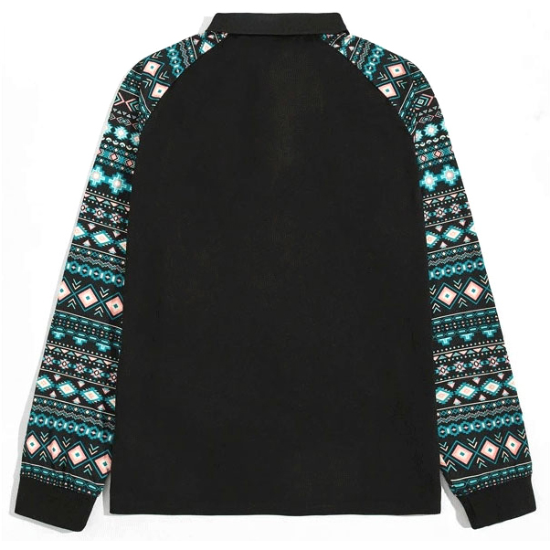 Geometric Print Raglan Sleeve Polo Shirt